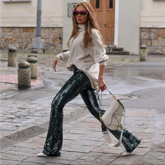 ZARA NWT BLOGGER FAVE Emerald Green Sequin Flare Leg Pants Holiday Pants. M - Picture 4 of 5